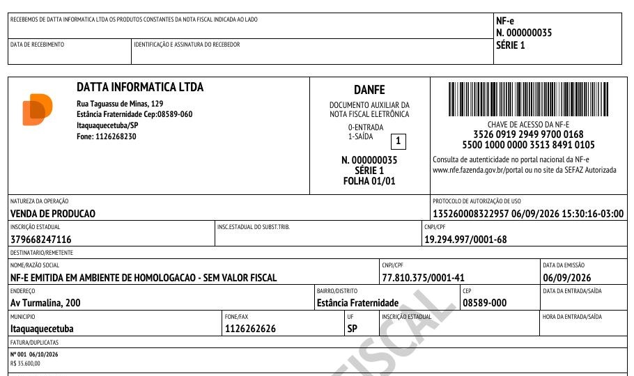 DANFE de uma NF-e autorizada pela SEFAZ, gerado pelo MAIS ERP